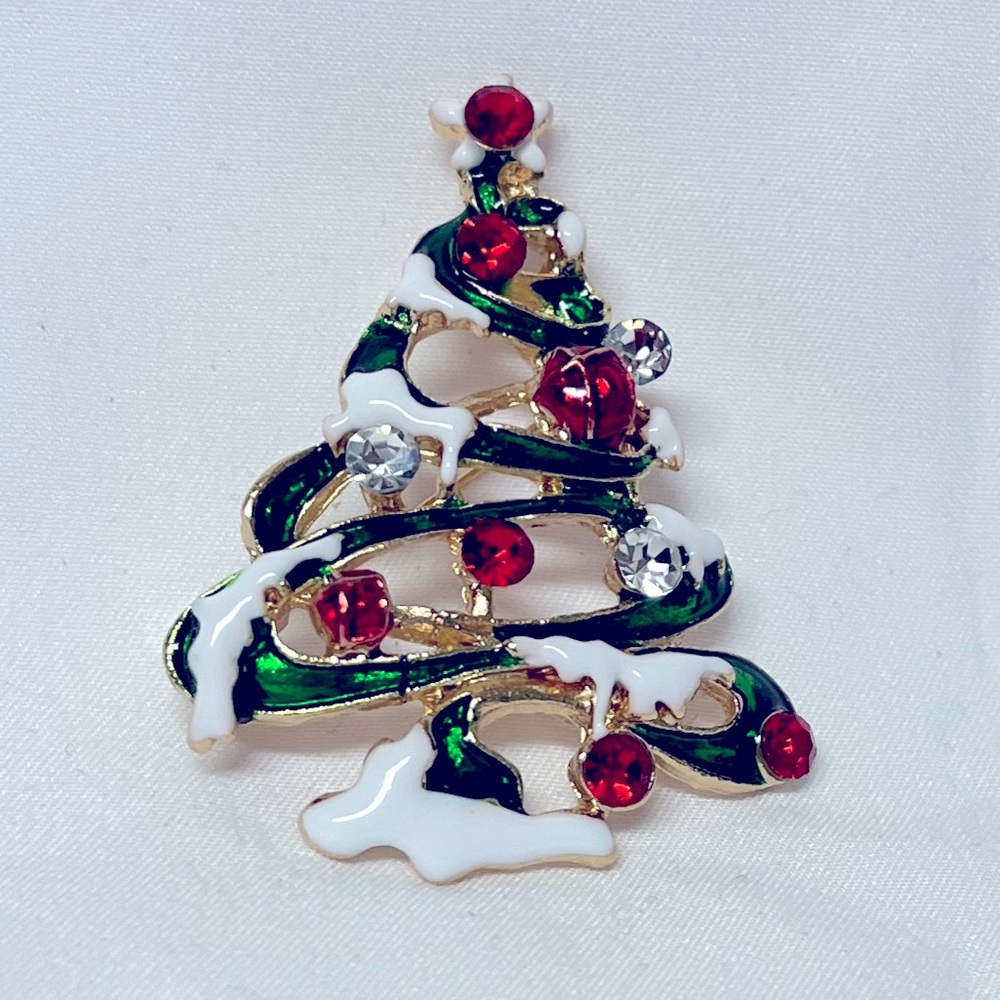 Brooch- Christmas tree,NIP, red & green enamel paint, red stones, 2 x 1.5”